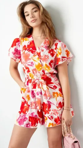 Mono corto estampado floral rosado rojo