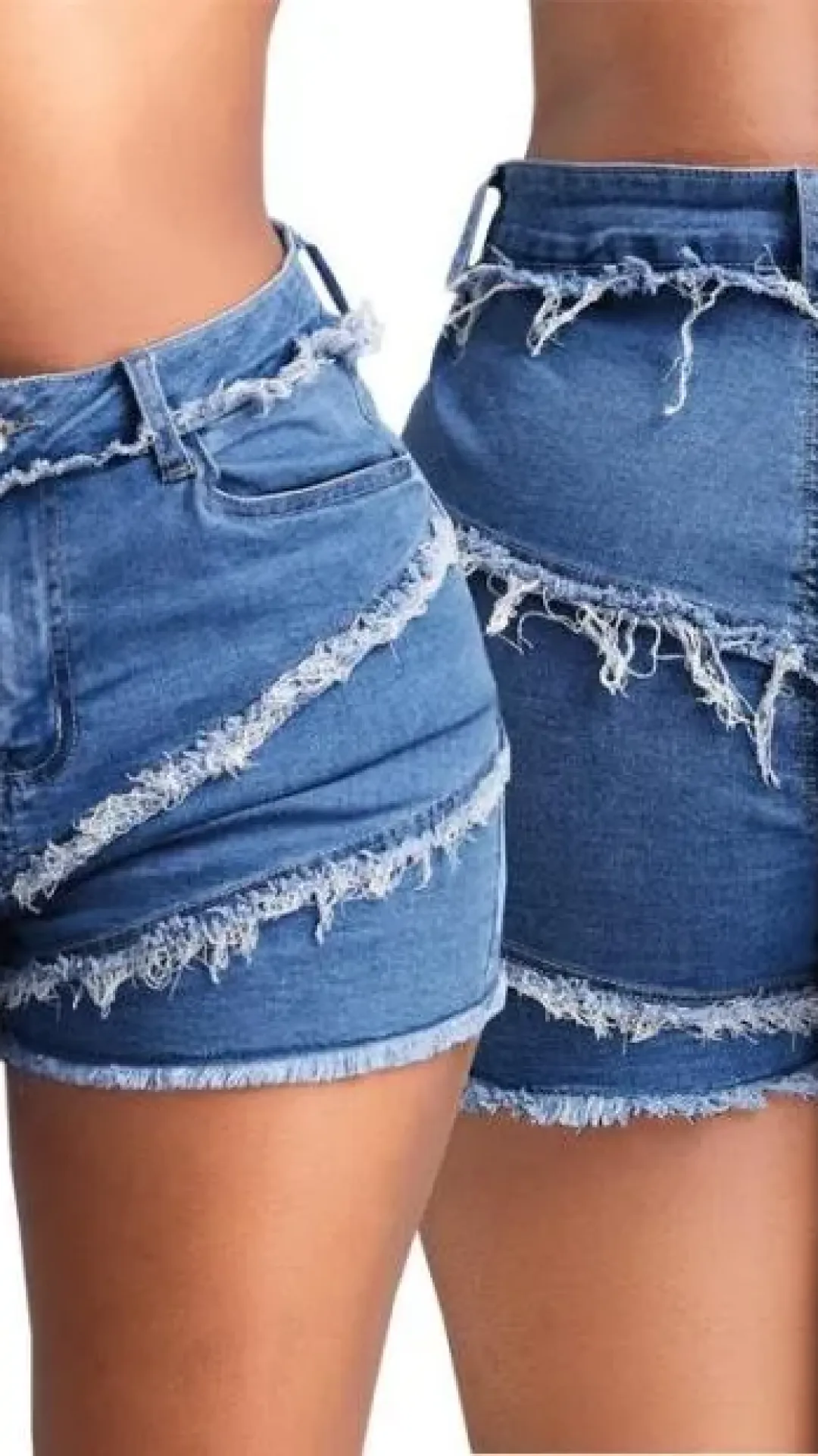 Shorts de mezclilla con flecos de cintura alta, cremallera y no elásticos